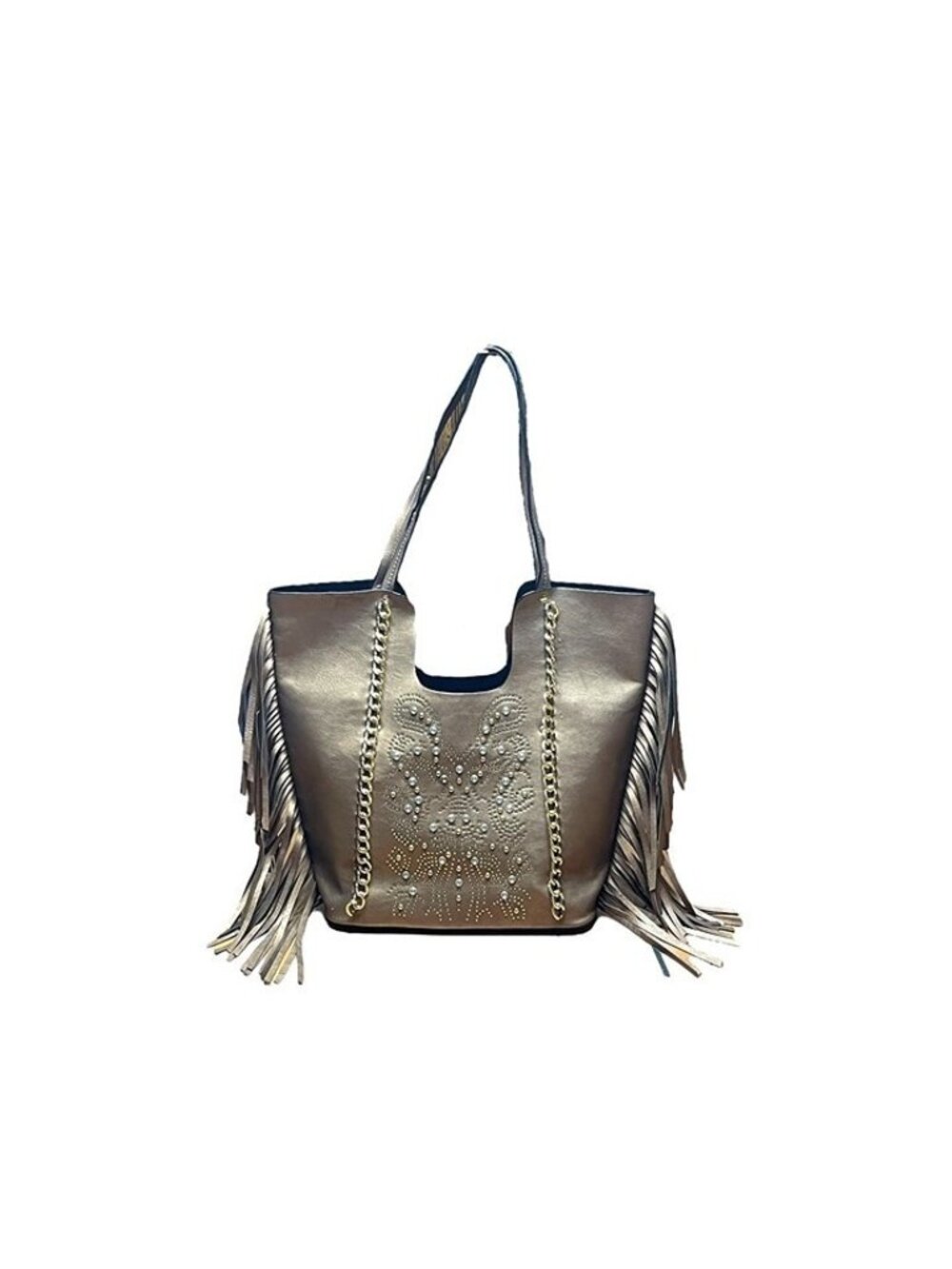 LATIQUE Bronze Metallic Fringe Tote Bag with Studs & Chain Detail Boho Chic